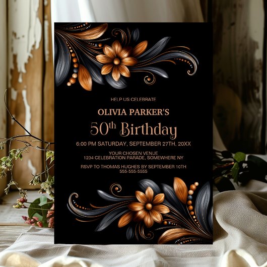 Invitation Fête d'anniversaire 50 ans Fleur Orange Noir