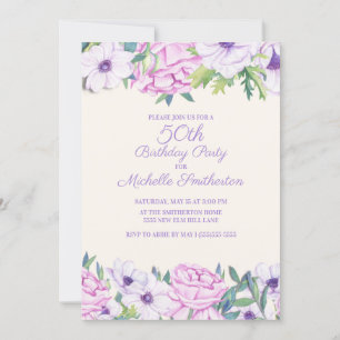 Invitation Fête d'anniversaire 50 ans Fleurs de Lilas Violett