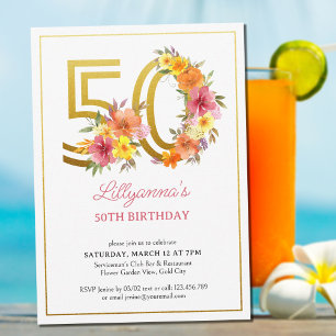 Invitation Fête d'anniversaire 50 ans Fleurs élégantes Or Num