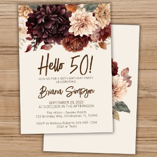 Invitation Fête d'anniversaire 50 ans Fleurs Florales Brun Be