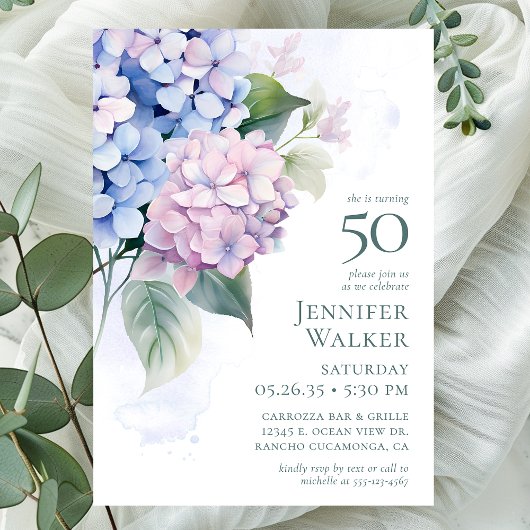 Invitation Fête d'anniversaire 50 ans Hydrangeas Rose Bleu