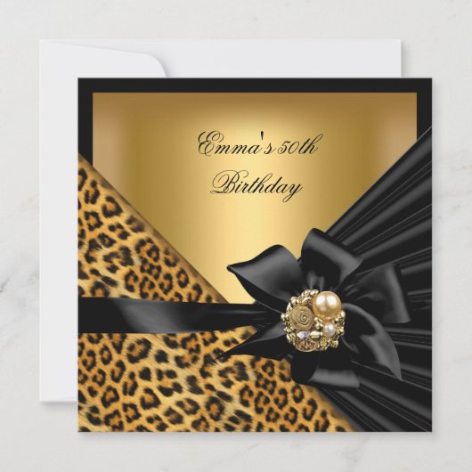 Invitation Fête d'anniversaire 50 ans Léopard Doré Noir Arc (Devant)