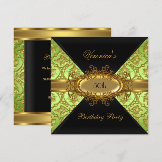 Invitation Fête d'anniversaire 50 ans lime vert or noir damas (Devant / Derrière)