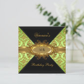 Invitation Fête d'anniversaire 50 ans lime vert or noir damas (Debout devant)