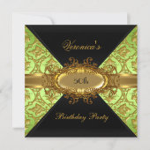 Invitation Fête d'anniversaire 50 ans lime vert or noir damas (Devant)