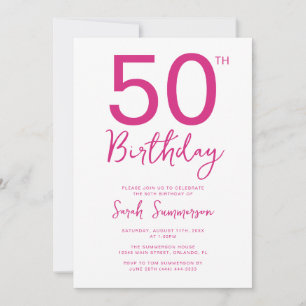 Invitation Fête d'anniversaire 50 ans Minimal Rose Blanc Scri