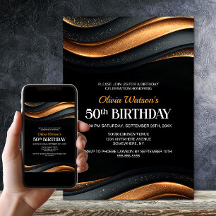 Invitation Fête d'anniversaire 50 ans moderne noir et orange