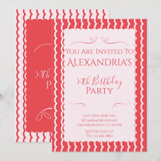 Invitation Fête d'anniversaire 50 ans Moderne Rose Rouge (Devant / Derrière)