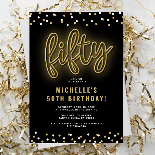 Invitation Fête d'anniversaire 50 ans Neon Or Adulte