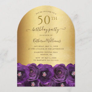 Invitation Fête d'anniversaire 50 ans Purple Rose Floral Gold