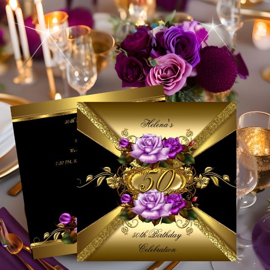 Invitation Fête d'anniversaire 50 ans Roses Violet Or Noir