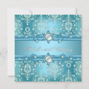Invitation Fête d'anniversaire 50 ans Teal Blue Pearl Damask