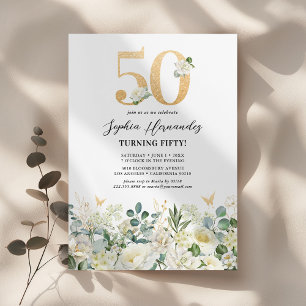 Invitation Fête d'anniversaire 50 ans thème floral vert et bl
