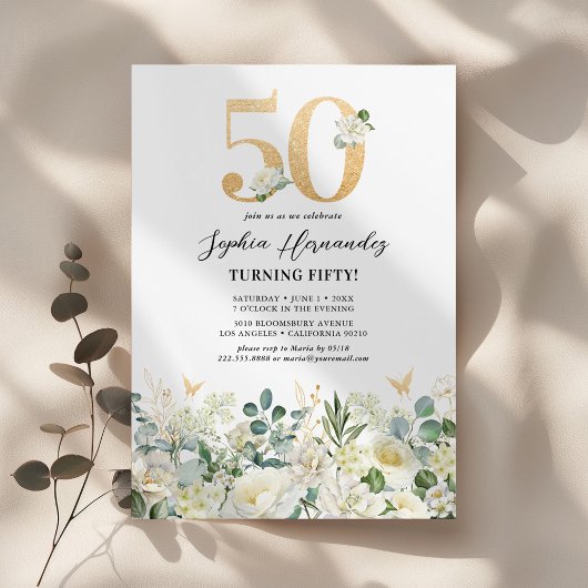 Invitation Fête d'anniversaire 50 ans thème floral vert et bl