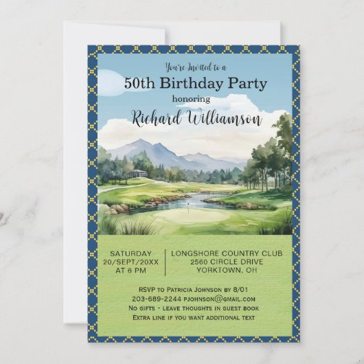 Invitation Fête d'anniversaire 50 ans thème golf hommes (Devant)