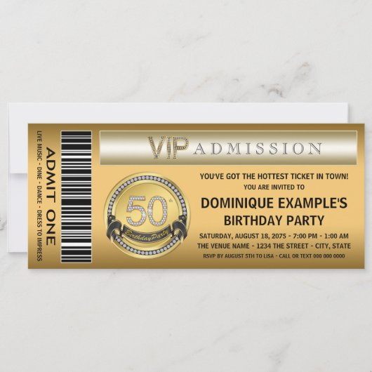 Invitation fête d'anniversaire 50 ans Ticket Or (Devant)