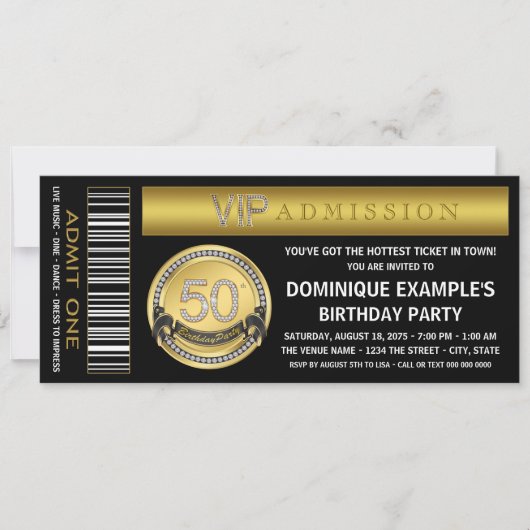 Invitation fête d'anniversaire 50 ans Ticket Or (Devant)
