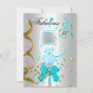 Invitation Fête d'anniversaire 50 ans Turquoise Argent Or