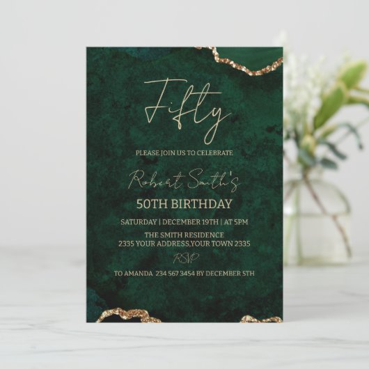 Invitation Fête d'anniversaire 50 ans Vert Agate et Or (Debout devant)