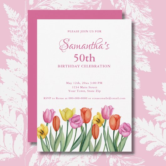 Invitation Fête d'anniversaire 50 ans Watercolor Tulips