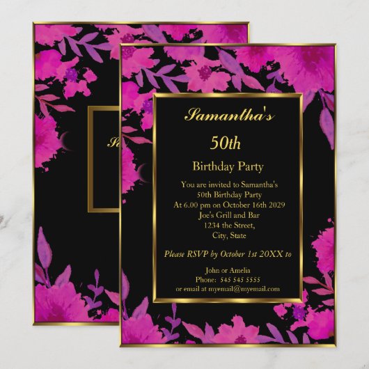 Invitation Fête d'anniversaire 50e Gold rose Flower Floral (Devant / Derrière)