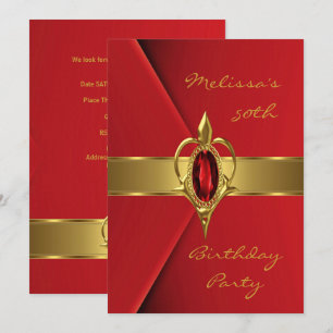 Invitation Fête d'anniversaire 50ème Faux Velours Rouge Perle