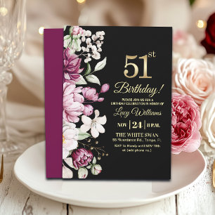 Invitation Fête d'anniversaire 51 Élégante Florale Or
