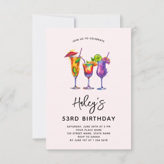 Invitation Fête d'anniversaire 53 ans Cocktails à l'aquarelle (Devant)