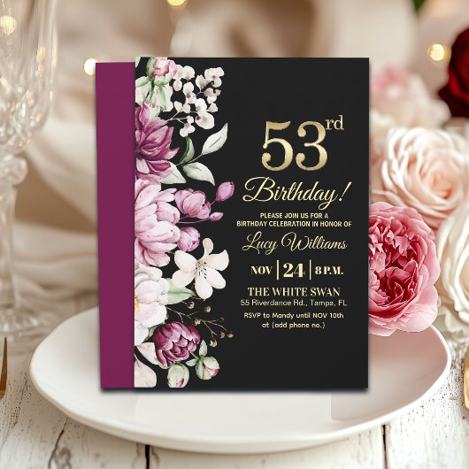 Invitation Fête d'anniversaire 53 Élégante Florale Or