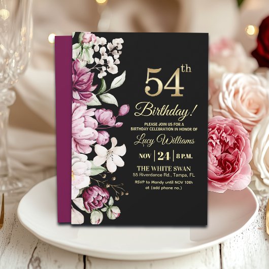 Invitation Fête d'anniversaire 54 ans Elegant Floral Gold
