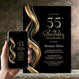 Invitation Fête d'anniversaire 55 ans élégante noire et or