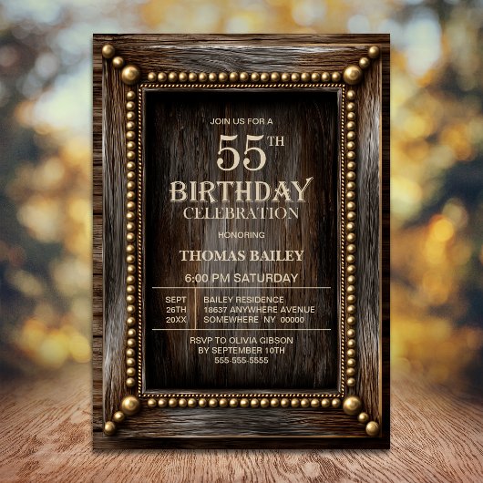 Invitation Fête d'anniversaire 55 ans en Bois Rustique