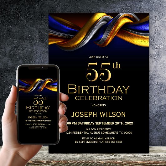 Invitation Fête d'anniversaire 55 ans moderne bleu et or