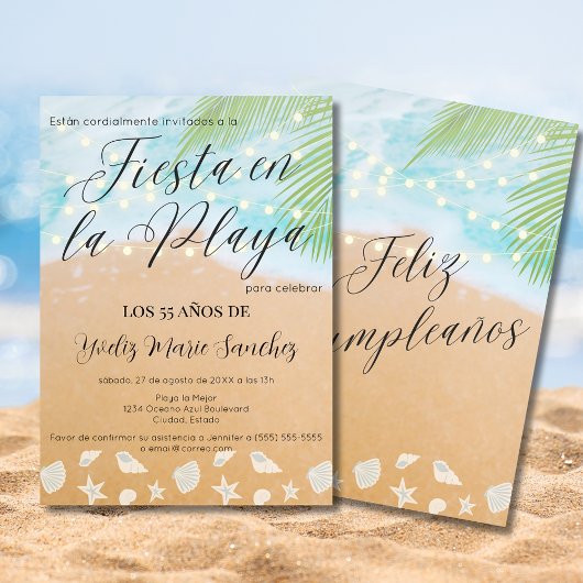 Invitation Fête d'anniversaire 55 ans Plage de sable chic esp