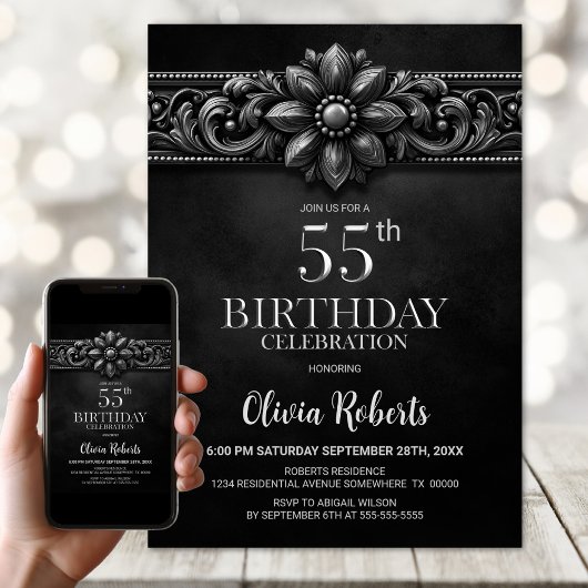 Invitation Fête d'anniversaire 55 ans Silver Flower Black