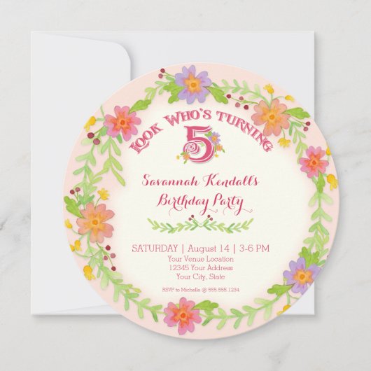 Invitation Fête d'anniversaire 5 ans Fille, aquarelle florale (Devant)
