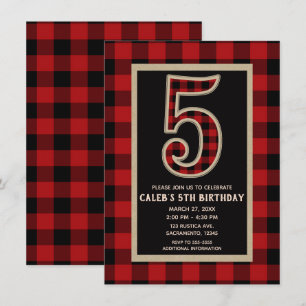Invitation Fête d'anniversaire 5 ans Plaid Buffalo Rouge Noir