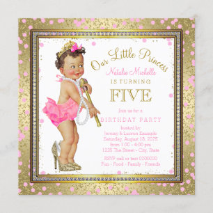 Invitation Fête d'anniversaire 5 ans Princesses Fille Rose Or