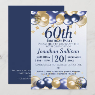 Invitation Fête d'anniversaire 60 ans ballons or marine