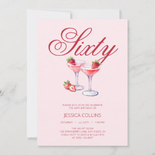 Invitation Fête d'anniversaire 60 ans Cocktail de fraise Roug