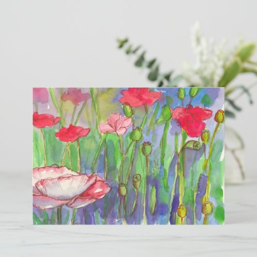 Invitation Fête d'anniversaire 60 ans Coquelicots Aquarelle F (Debout devant)