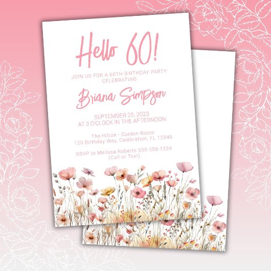 Invitation Fête d'anniversaire 60 ans fleurs roses