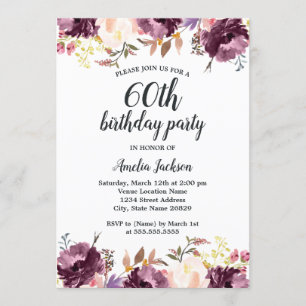 Invitation Fête d'anniversaire 60 ans Fleurs violettes aquare