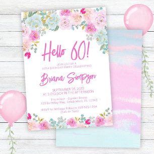 Invitation Fête d'anniversaire 60 ans Floral Rose Bleu Pêche