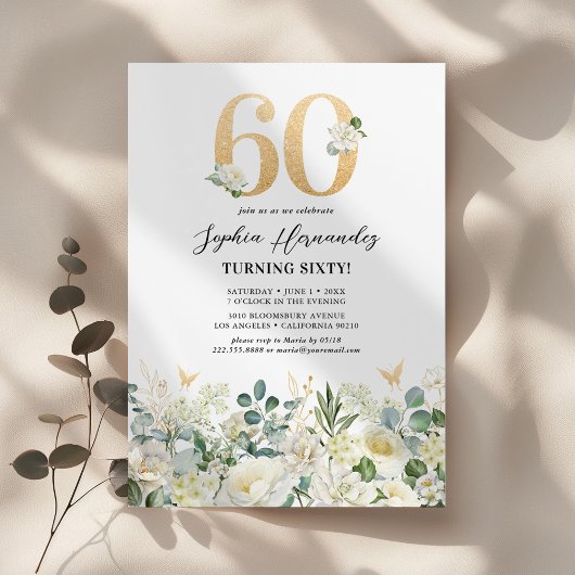 Invitation Fête d'anniversaire 60 ans Floral Vert & Blanc