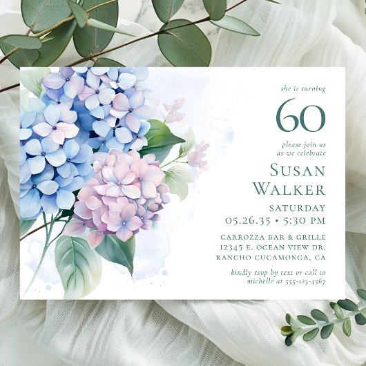 Invitation Fête d'anniversaire 60 ans Hydrangeas Bleu Rose