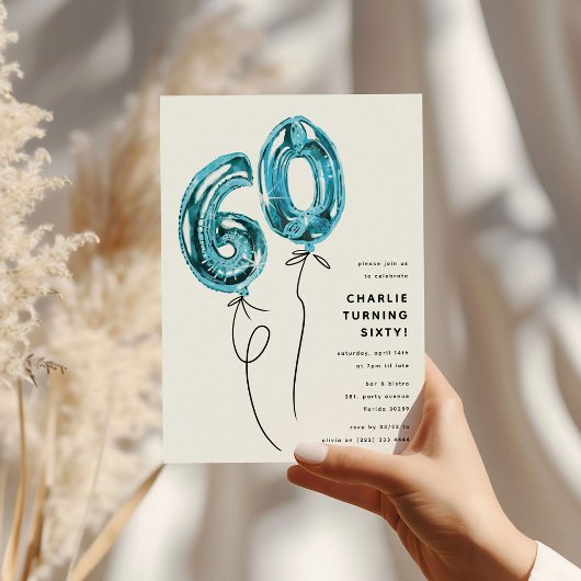 Invitation Fête d'anniversaire 60 ans Minimal Blue 60 Ballon