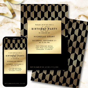 Invitation Fête d'anniversaire 60 ans Moderne Noir et Or Feui