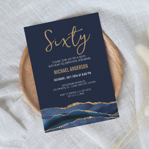 Invitation Fête d'anniversaire 60 ans Navy Blue Gold Agate Mo