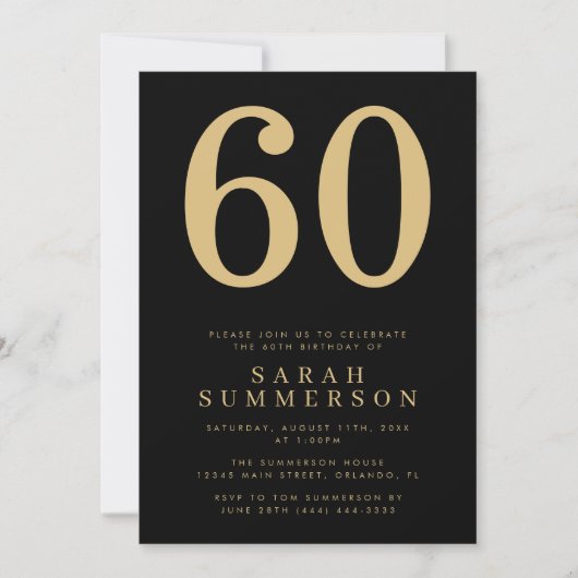 Invitation Fête d'anniversaire 60 ans Noir Or Moderne (Devant)